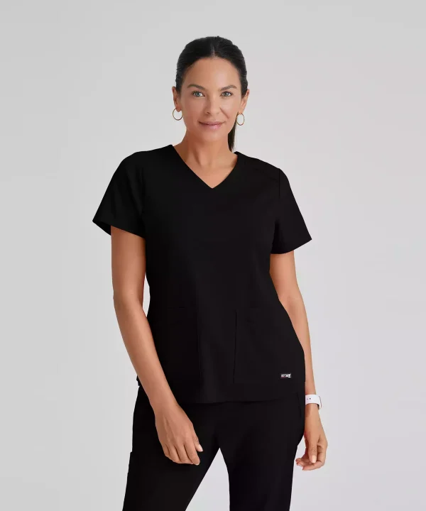 Grey's Anatomy Spandex Stretch Emma Top-4 Pocket Scrub Top | GRST011 - Black, MD