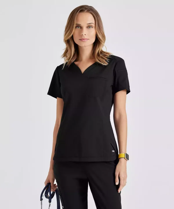 Grey's Anatomy Spandex Stretch Women's 2 Pocket V-Neck Tuck In Top | GRST136 - Black, XS
