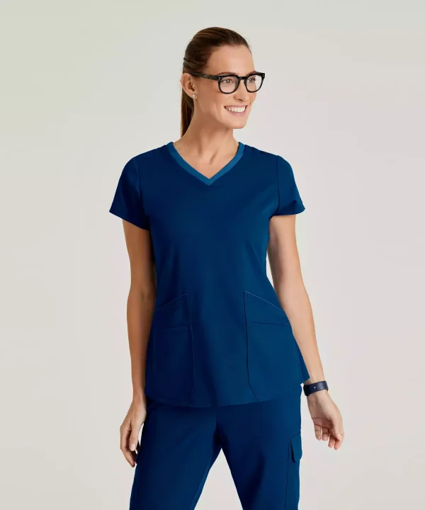 Grey's Anatomy Spandex Stretch Women's 4 Pocket Two-Toned V-neck Top | GRST194