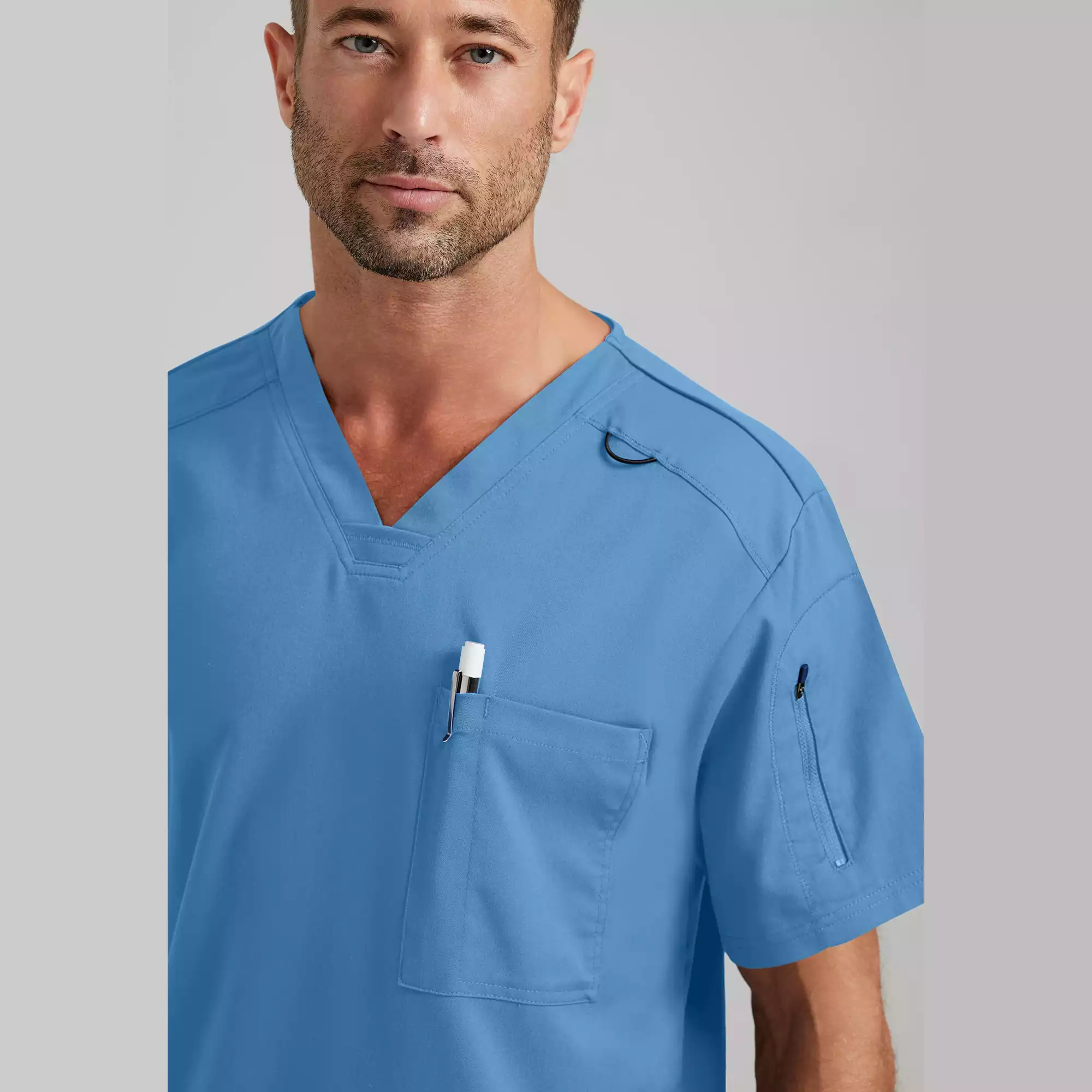Mens-Chest-Pocket-V-Neck-Scrub-Top-GRST079-Ciel-Blue-05.webp